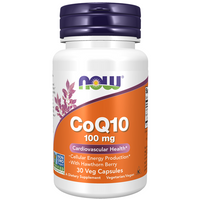 Thumbnail for A bottle of Now Foods' Coenzyme Q10 (CoQ10) supplement, 100 mg, featuring 30 vegetarian capsules. The label highlights heart health benefits and includes the advantages of Hawthorn Berry for optimal cardiovascular support.