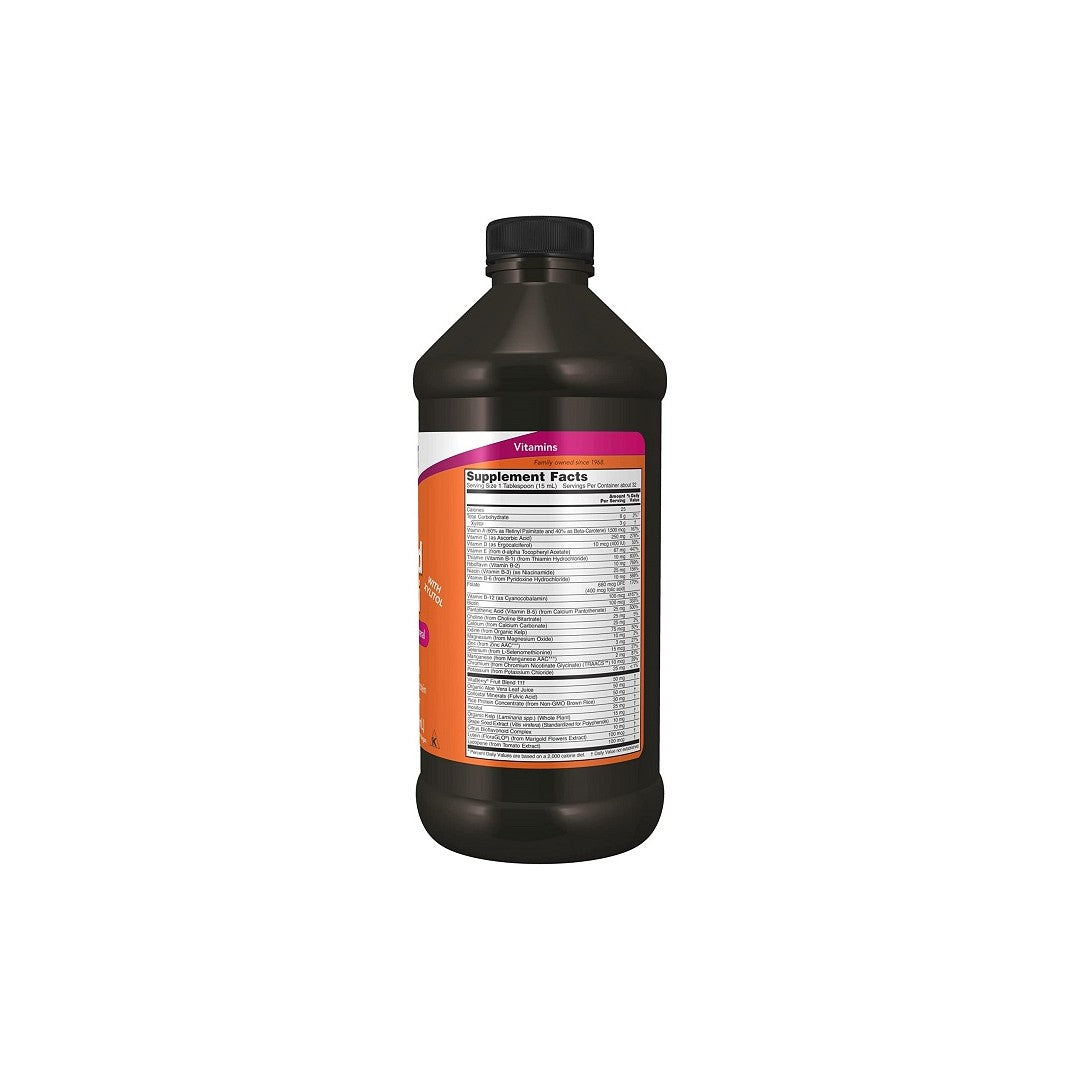 Une bouteille de Now Foods Liquid Multivitamins & Minerals Tropical Orange Flavor 473 ml sur un fond blanc.