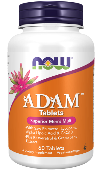 Une bouteille de ADAM Multivitamines & Minéraux pour Homme 60 comprimés végé par Now Foods.