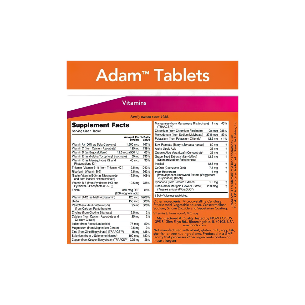 Now Foods ADAM Multivitamins & Minerals for Man 120 comprimés végé avec une étiquette sur le devant.