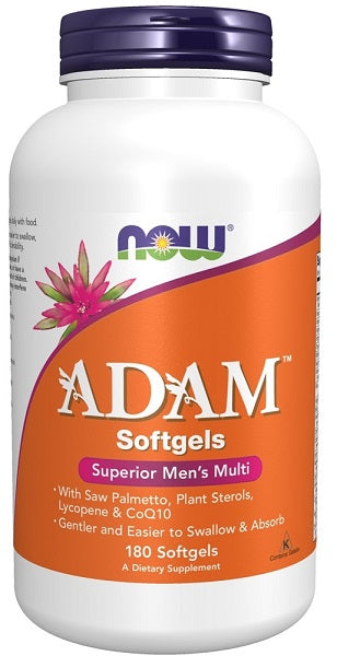 Un flacon de Now Foods ADAM Multivitamines & Minéraux pour Homme 180 gélules.