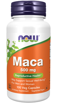 Vignette pour Now Foods Maca 500 mg 100 gélules végétales.