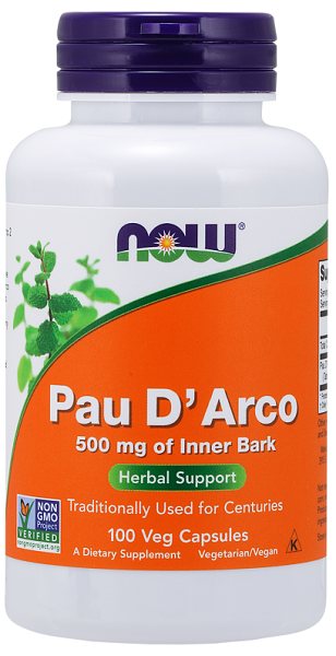 Now Foods Pau D'Arco 500 mg gélules, maintenant disponible en paquet de 100 gélules végétales.
