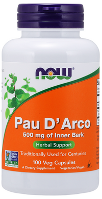 Vignette pour Now Foods Pau D'Arco 500 mg gélules, maintenant disponible en paquet de 100 gélules végétales.