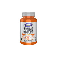 Thumbnail for A bottle of Now Foods Amino Complete 120 Veg Capsules dietary supplement, containing 120 vegetable capsules, features a protein blend with 20 amino acids for muscle support and includes Vitamin B-6.