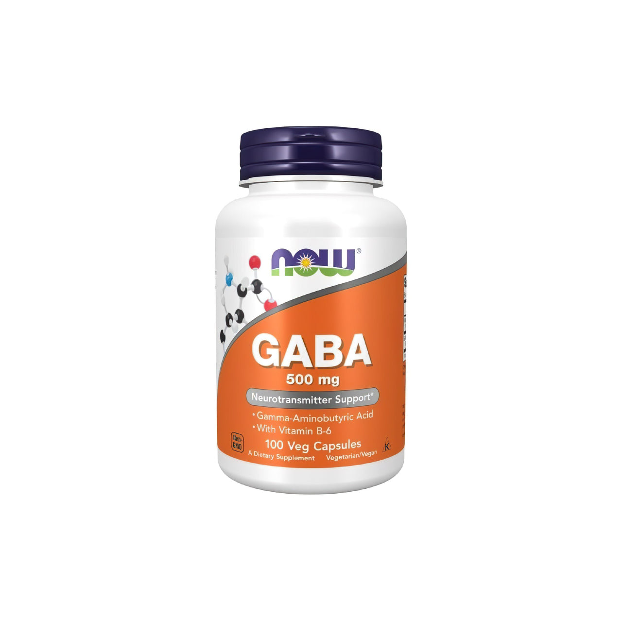 Une bouteille de Now Foods GABA 500 mg 200 gélules végétales, favorisant la relaxation et soutenant le système nerveux.