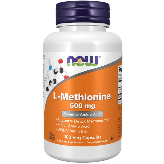 A bottle of Now Foods brand L-Methionine 500 mg 100 Veg Capsules dietary supplement, containing 100 vegetarian capsules, supports detoxification mechanisms and includes Vitamin B-6.