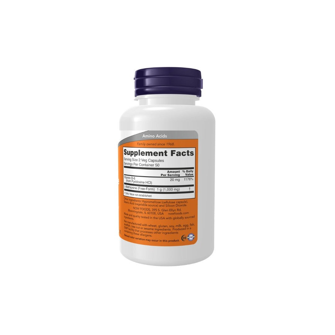 A white bottle with a purple cap labeled "Supplement Facts" on an orange background. The bottle contains Now Foods L-Methionine 500 mg 100 Veg Capsules, offering valuable detoxification support and joint health benefits.