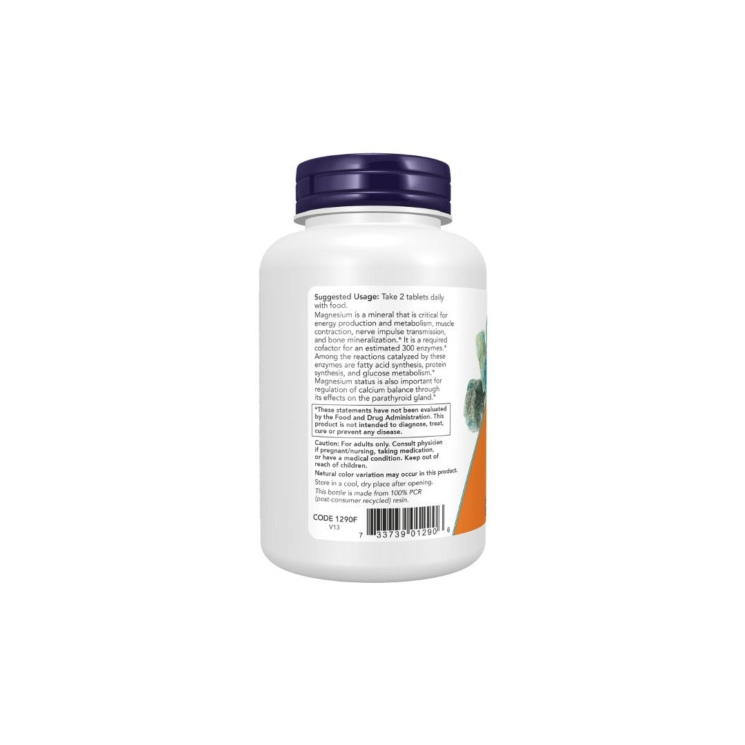 A Now Foods Magnesium Citrate 200 mg 250 Tablets supplement bottle with dosage instructions and ingredients listed on its white label, featuring an orange design and a purple cap.