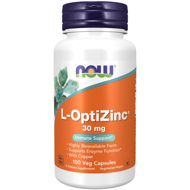 The L-OptiZinc 30 mg 100 Veg Capsules by Now Foods contain 100 vegetarian capsules with each capsule providing 30 mg of zinc and copper, aimed at supporting the immune system and enzyme function.