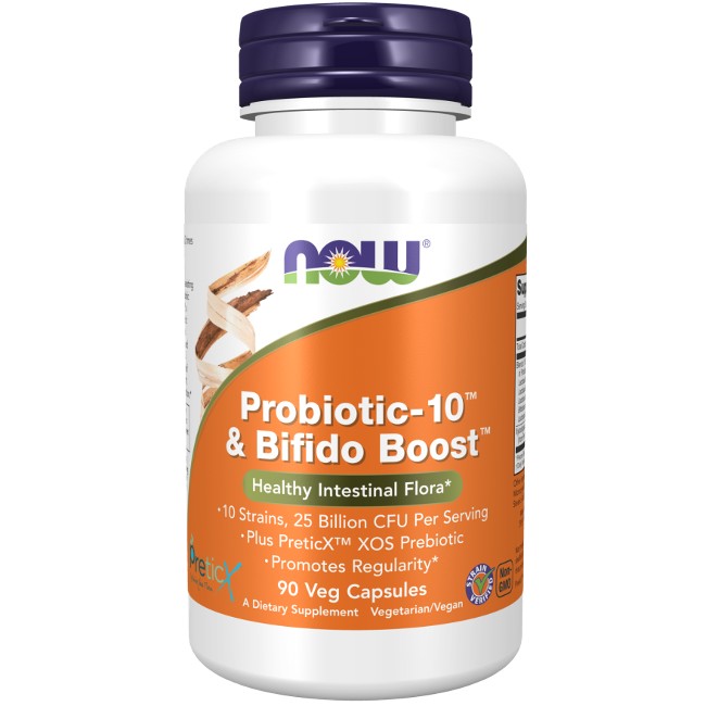 A bottle of Now Foods Probiotic-10 & Bifido Boost 90 Veg Capsules promotes healthy intestinal flora with 10 strains and 25 billion CFU per serving, plus Prebiotic PreticX XOS.