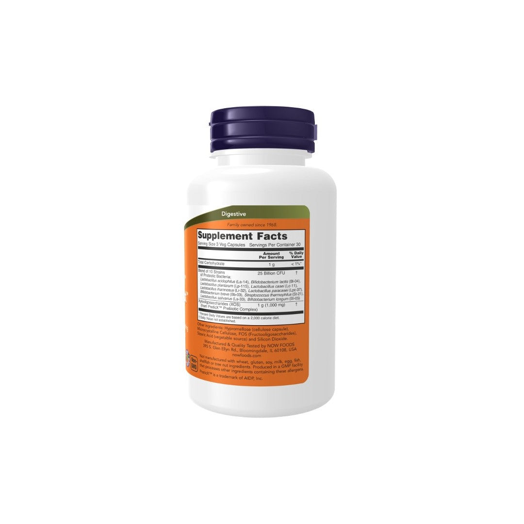 A plastic bottle with a purple cap and an orange label displaying supplement facts, recommended use, and ingredients list for Now Foods Probiotic-10 & Bifido Boost 90 Veg Capsules.