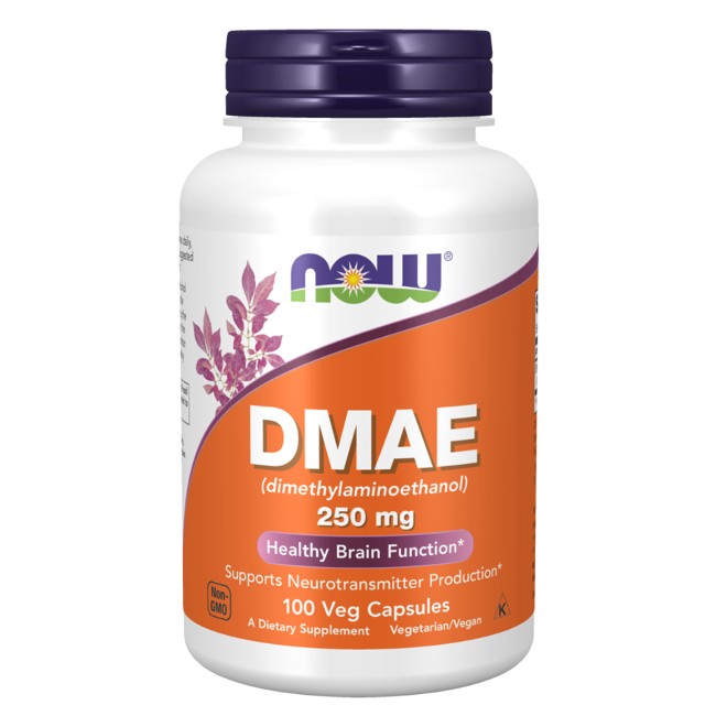 A bottle of Now Foods DMAE 250 mg 100 Veg Capsules, containing 100 vegetarian capsules of 250 mg each. The label highlights "Healthy Brain Function," supporting neuro transmitter production and promoting optimal brain health for improved concentration.