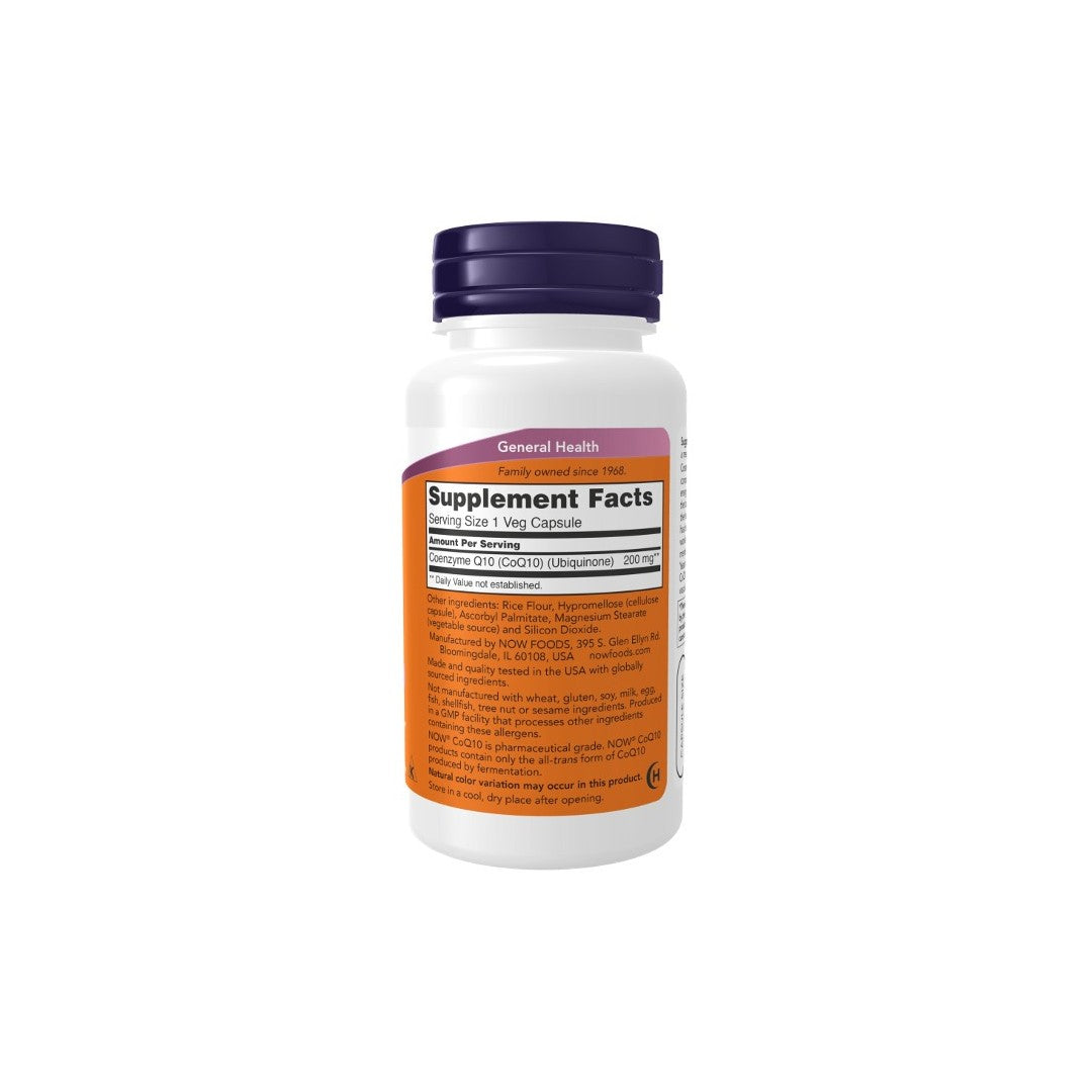 A white bottle with a purple cap featuring a Supplement Facts label for Coenzyme CoQ10 200 mg from Now Foods, highlighting its 200 mg per serving and additional ingredients. Known for its antioxidant properties, this supplement supports heart health and includes detailed usage instructions. The product comes in the form of 60 vegetable capsules.