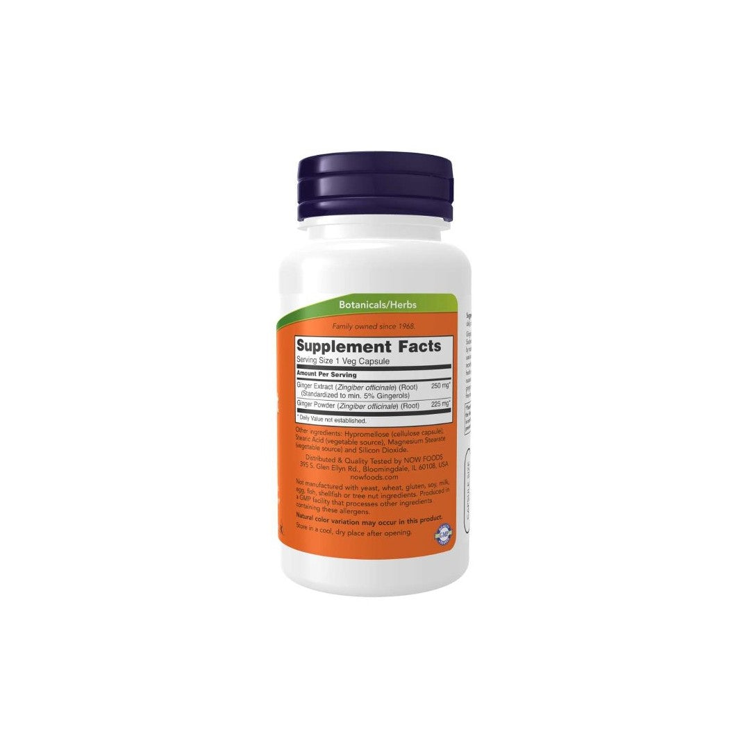 A white bottle with a purple cap, labeled "Ginger Root Extract 250 mg 90 Veg Capsules" by Now Foods, prominently features a Supplement Facts panel on an orange background that details ingredients and serving size, including Ginger Root Extract known to support digestive health.