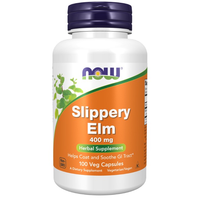 Bottle of Now Foods Slippery Elm 400 mg 100 Veg Capsules herbal supplement, labeled to help coat and soothe the gastrointestinal tract.