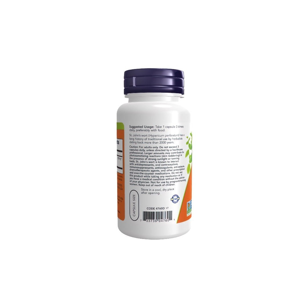 A Now Foods dietary supplement bottle containing St. John's Wort 300 mg 100 Veg Capsules, displaying product information and usage instructions for depression relief.