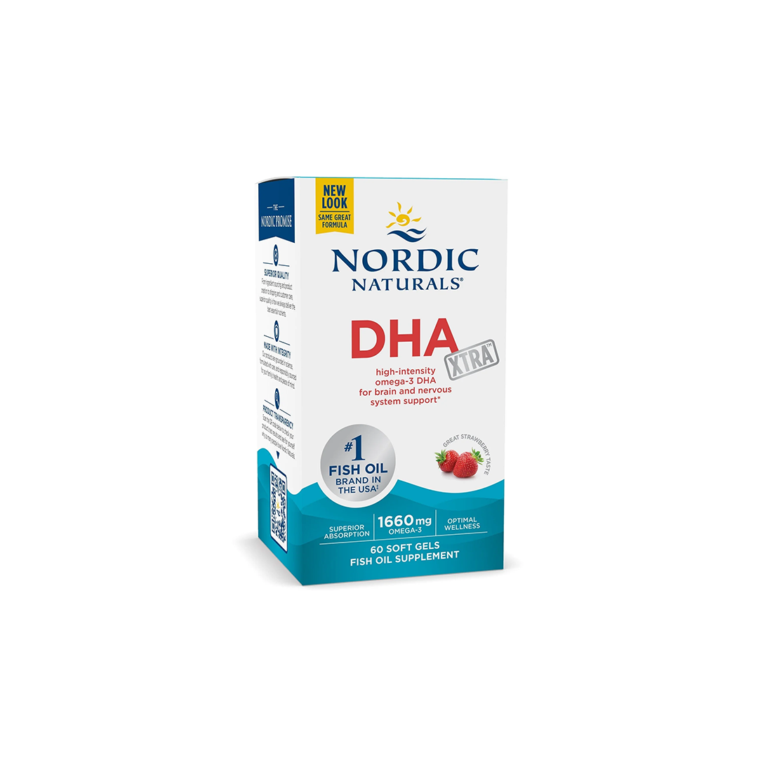 The Nordic Naturals DHA Xtra, offering 1660 mg of Omega-3s in 60 soft gels with a strawberry taste, is a fish oil supplement that aids in supporting brain and nervous system health.