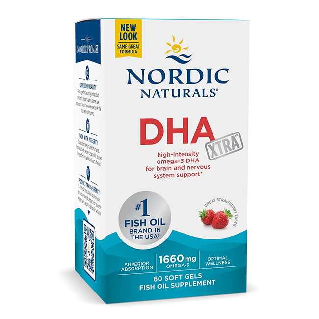 Nordic Naturals DHA Xtra, a fish oil supplement rich in Omega-3 fatty acids, is available in a 60 soft gel package with a pleasant strawberry taste, promoting brain and nervous system support.