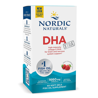 Thumbnail for Nordic Naturals DHA Xtra, a fish oil supplement rich in Omega-3 fatty acids, is available in a 60 soft gel package with a pleasant strawberry taste, promoting brain and nervous system support.