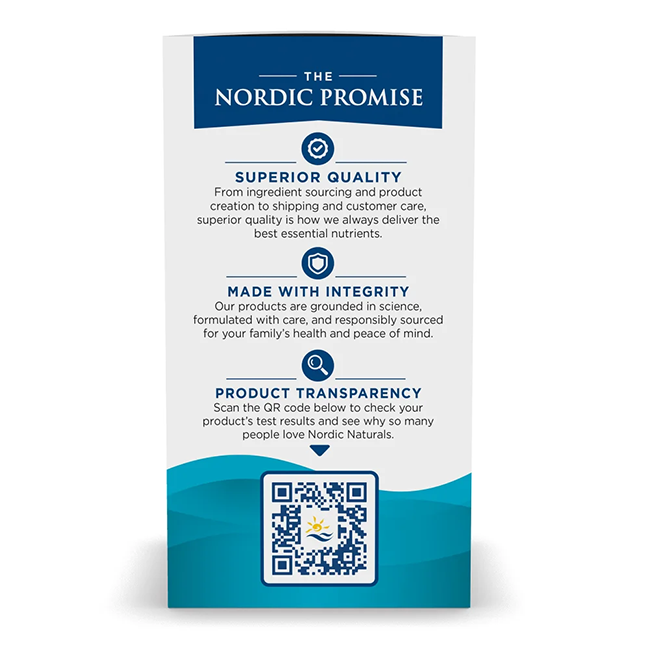 The packaging for Nordic Naturals' DHA Xtra 1660 mg Omega-3s, featuring a strawberry taste and containing 60 soft gels, highlights "The Nordic Promise" to emphasize superior quality, integrity, and product transparency. It includes a QR code for more information on their Omega-3 fatty acids products.