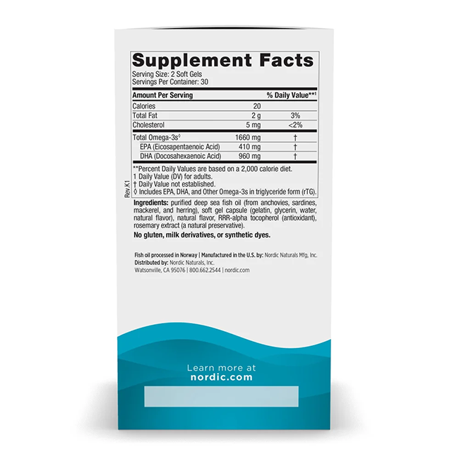 Back of a Nordic Naturals DHA Xtra 1660 mg Omega-3s 60 Soft Gels Strawberry Taste bottle displaying nutritional information and ingredient details. Includes serving size, calorie count, and the content of DHA Xtra Omega-3 fatty acids. Instructions for additional information are provided.