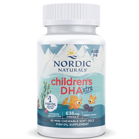 Thumbnail for Nordic Naturals' Children's DHA Xtra offers 636 mg of Omega-3 per serving, specifically formulated for children ages 3-6. It comes in a bottle featuring 90 mini chewable soft gels with a delightful berry punch flavor.