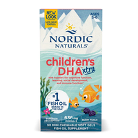 Thumbnail for Nordic Naturals' Childrens DHA Xtra 636 mg, designed for ages 3-6, comes in a box adorned with vibrant fish graphics, highlighting the omega-3 fatty acids. Enjoy the delightful flavor while exploring the benefits of this fish oil-packed formula for your child's healthy development. Each package contains 90 mini chewable soft gels.