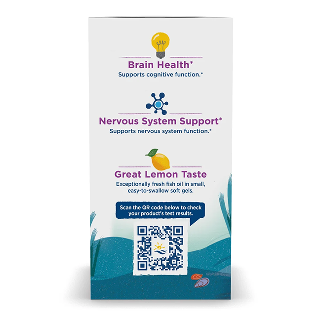 The Complete Omega Junior 283 mg 180 Soft Gels from Nordic Naturals showcases the benefits of Omega-3 fatty acids, including DHA and EPA, known for supporting brain health and the nervous system. Experience its delightful lemon flavor and scan the QR code for comprehensive product test results.