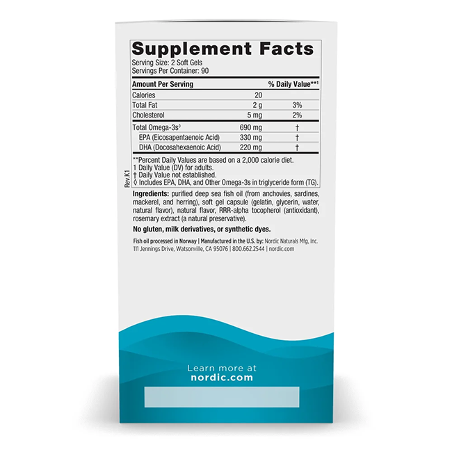 The supplement facts label on the Nordic Naturals Omega-3 690 mg Lemon Taste soft gels box highlights the serving size and nutritional details, showcasing essential ingredients such as EPA and DHA for optimal health benefits.