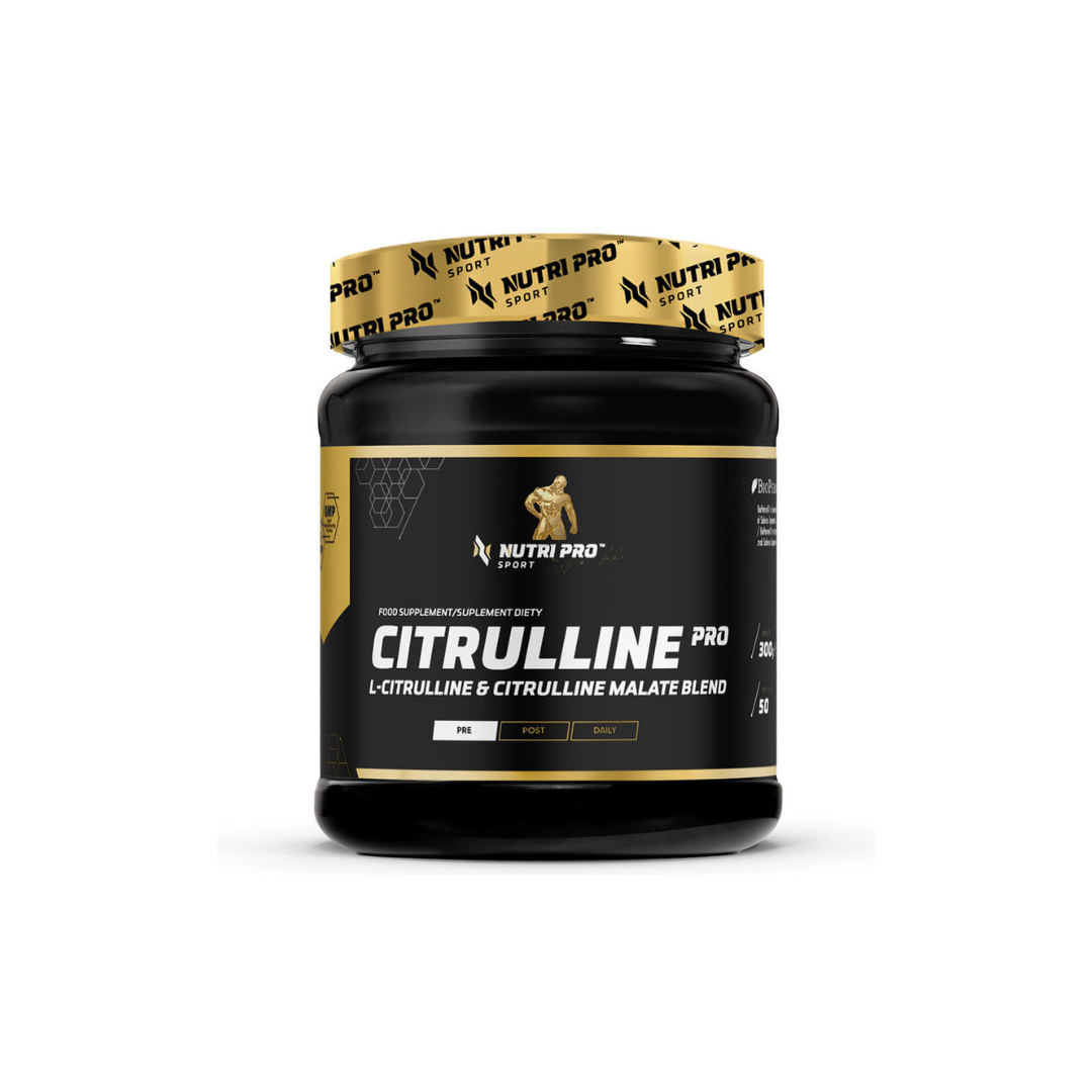 A Nutri Pro Sport Citrulline PRO 300g jar in orange flavor, featuring a blend of L-Citrulline and Citrulline Malate for muscle regeneration, adorned with a sleek black and gold design.