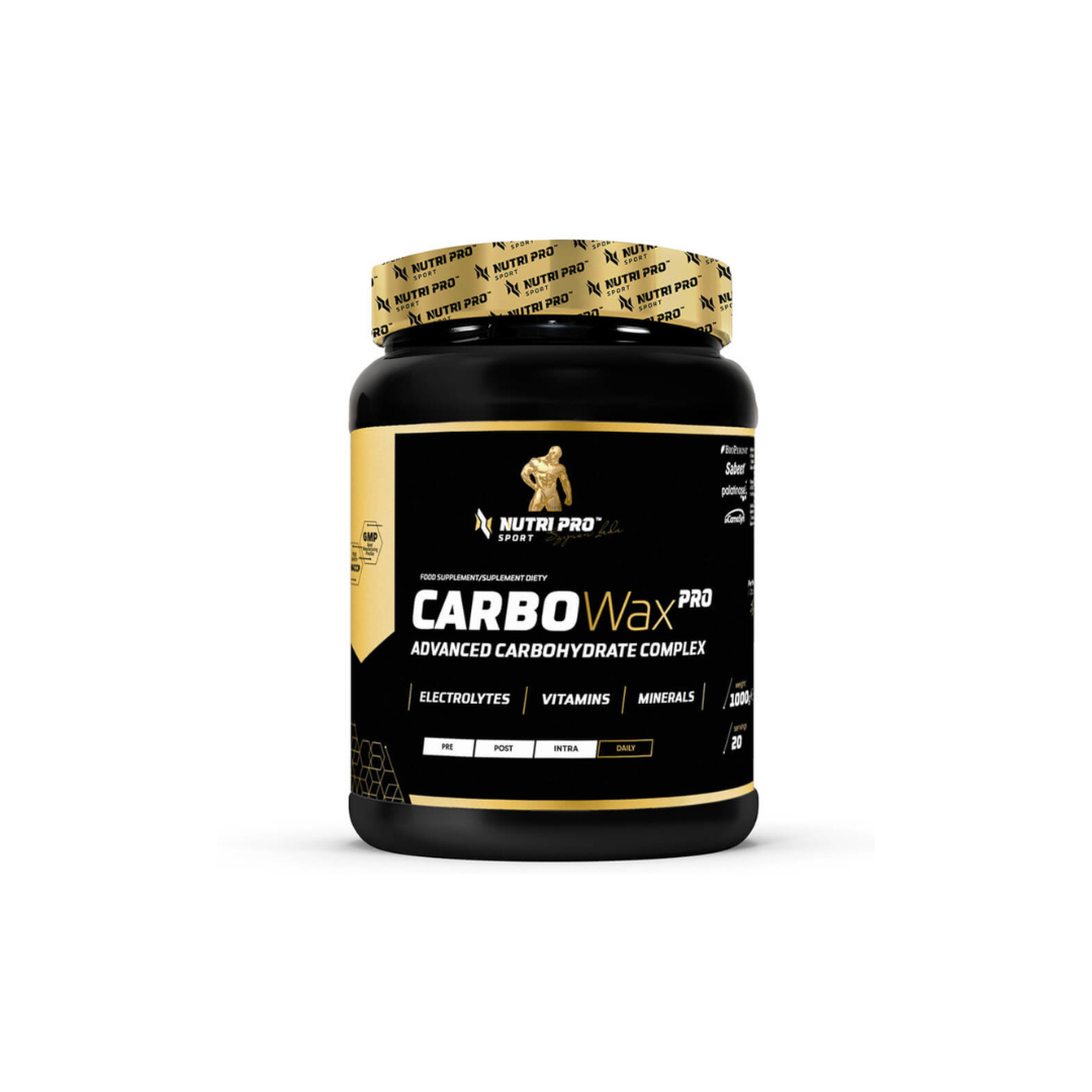 This pineapple-flavored Carbo Wax PRO 1000g by Nutri Pro Sport is a black and gold container of carbohydrate supplement that includes an advanced complex with electrolytes, vitamins, and minerals formulated for optimal energy provision.