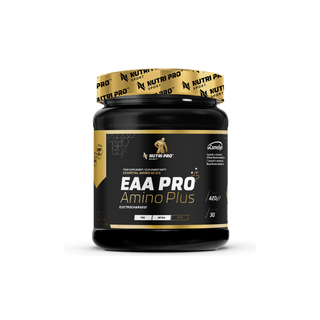 The EAA PRO Amino Plus 420g Pineapple Flavour by Nutri Pro Sport, packaged in a black jar with gold and white text, is expertly designed for optimal electrolyte and amino acid supplementation. Enjoy the refreshing pineapple flavor as it aids in muscle regeneration.