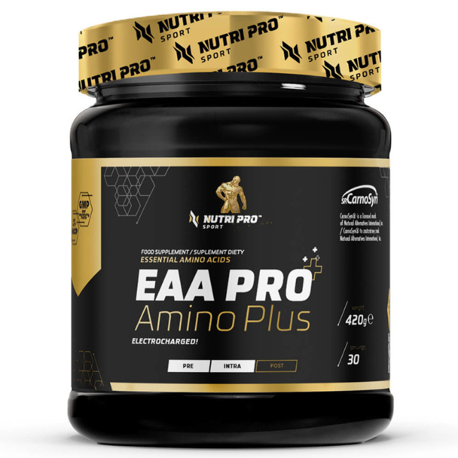 Packaged in a sleek black and gold design, the Nutri Pro Sport EAA PRO Amino Plus 420g supplement offers a refreshing pineapple flavor. It's labeled for pre, intra, and post-workout use to support muscle regeneration with its potent blend of essential amino acids.