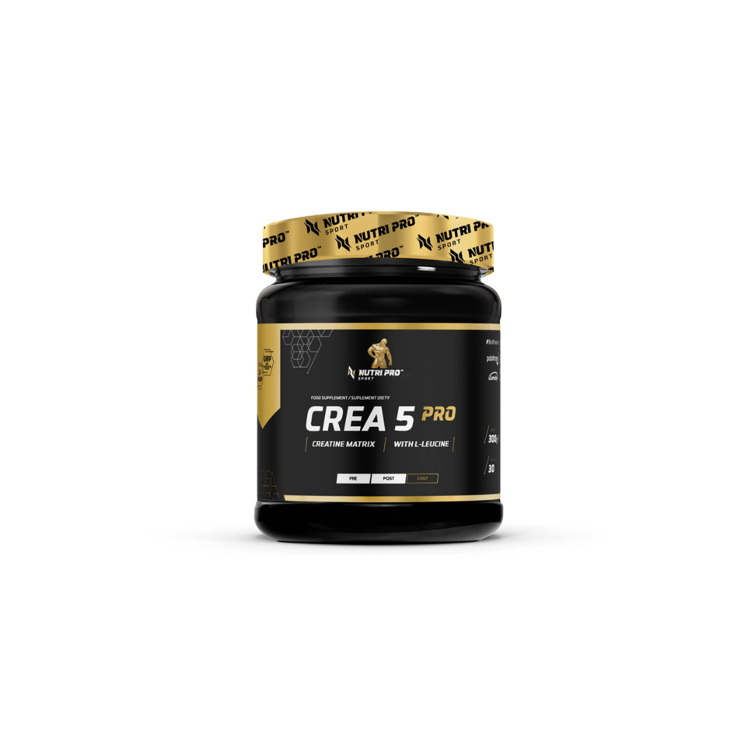 The Nutri Pro Sport Crea 5 Pro Creatine Matrix in a stylish black and gold container, adorned with a lion logo and enhanced by white and gold text, is perfect for muscle regeneration. This premium 300g pomegranate-flavored sports supplement offers unmatched quality to support your fitness goals.