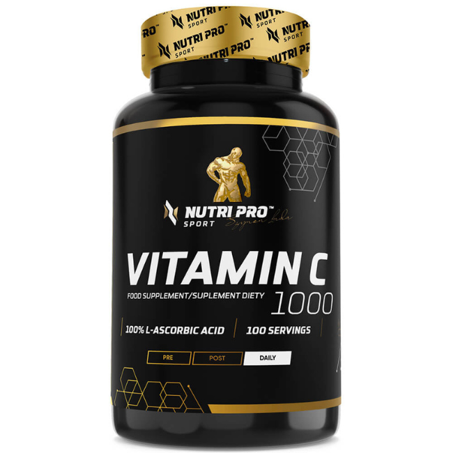 A black bottle labeled "Vitamin C 1000 mg 100 Capsules" by Nutri Pro Sport provides antioxidant benefits and immune system support, containing 100 servings of pure L-Ascorbic Acid. It's ideal for daily use, both before and after your routine.