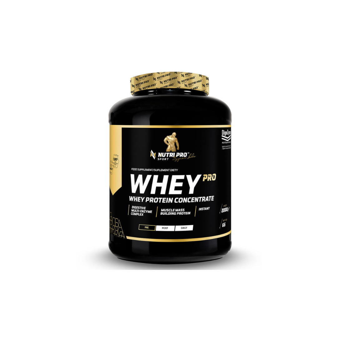 A container from Nutri Pro Sport, featuring the Whey PRO - Whey Protein Concentrate in Salted Caramel Flavour, is designed in a striking black and gold. This product emphasizes muscle mass support with its inclusion of 22g of protein per serving. This dietary supplement is enriched with amino acids and digestive enzymes to enhance nutrient absorption.