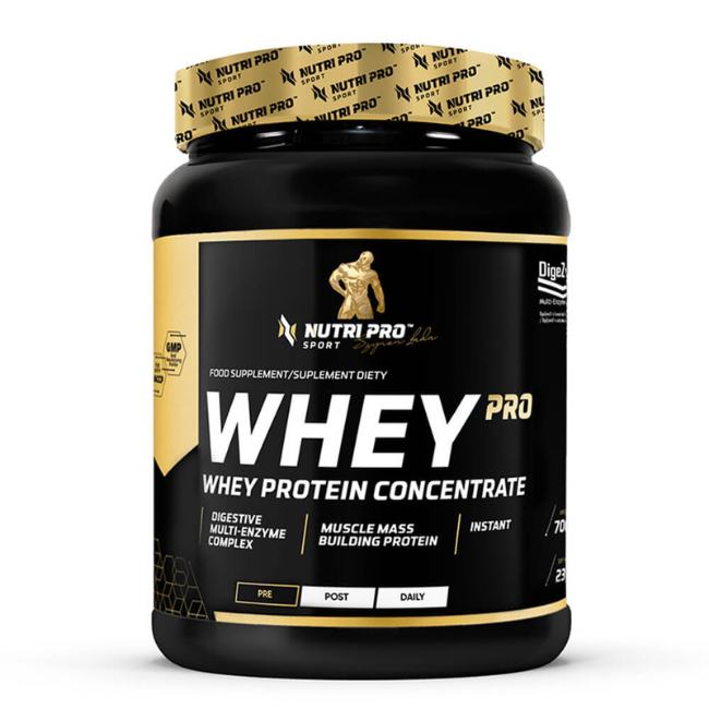 A container of Nutri Pro Sport's Whey PRO - Whey Protein Concentrate in Vanilla Flavour, enriched with amino acids, is labeled for muscle mass building and digestive support.