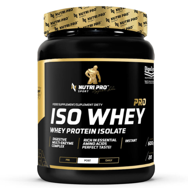 A container of Nutri Pro Sport Iso Whey PRO in vanilla flavor, weighing 600g, features a sleek black and gold design and includes digestive enzymes and essential amino acids for optimal nutrition.