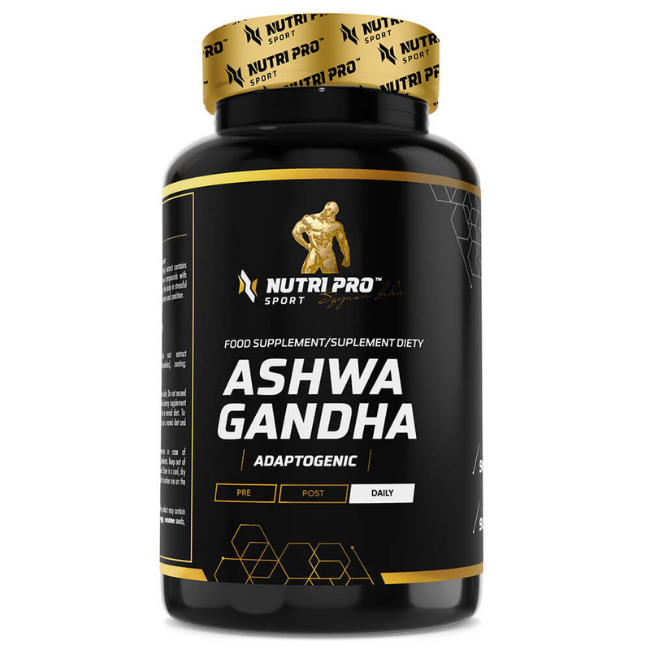 Packaged in a sleek black and gold bottle, Nutri Pro Sport's "Ashwagandha 667 mg 90 Capsules" serves as a daily food supplement inspired by Ayurvedic medicine, renowned for its potent adaptogenic benefits.