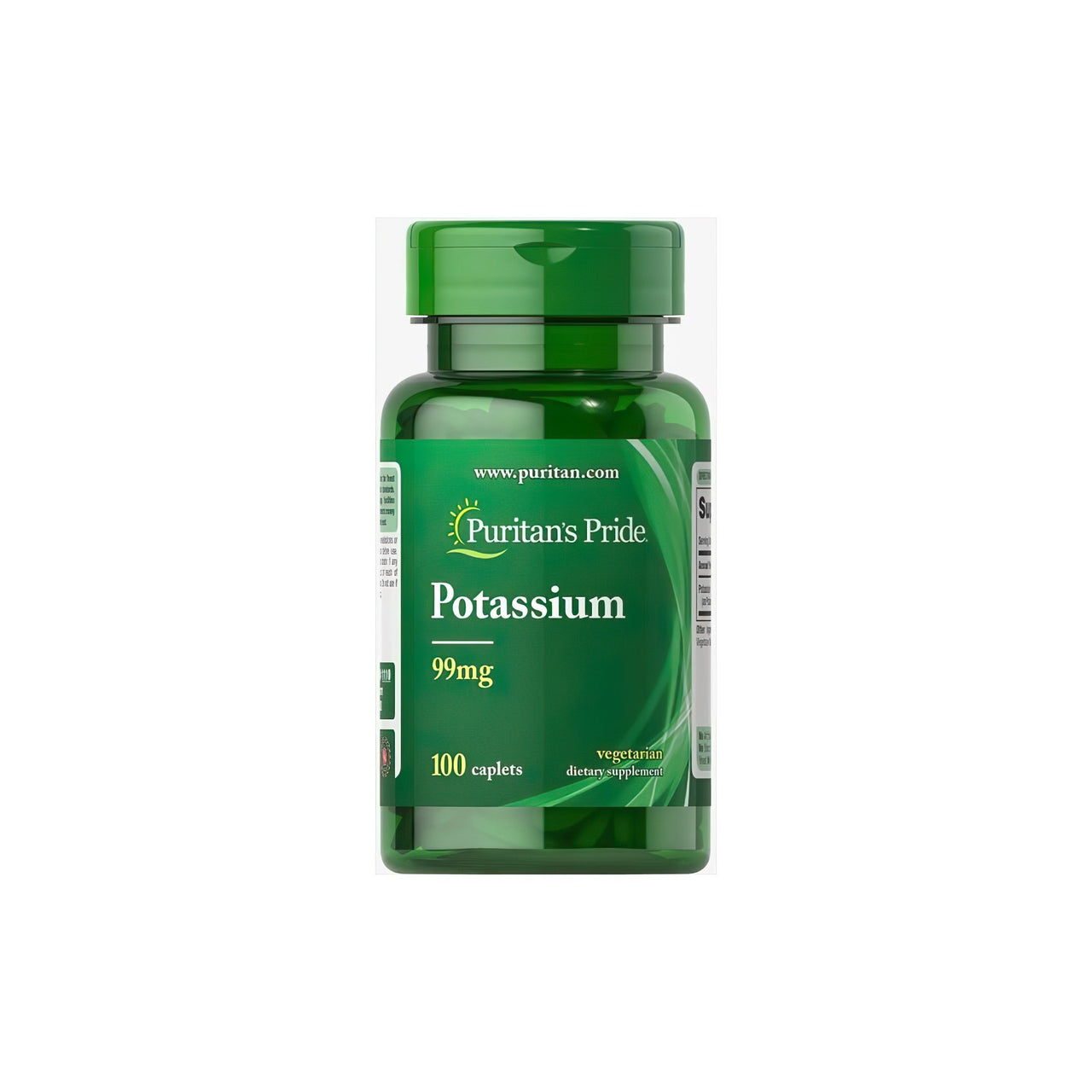 Une bouteille de Puritan's Pride Potassium 99 mg 100 caplets enrobés, essentiels pour l'équilibre électrolytique et la régulation de la tension artérielle, sur un fond blanc.