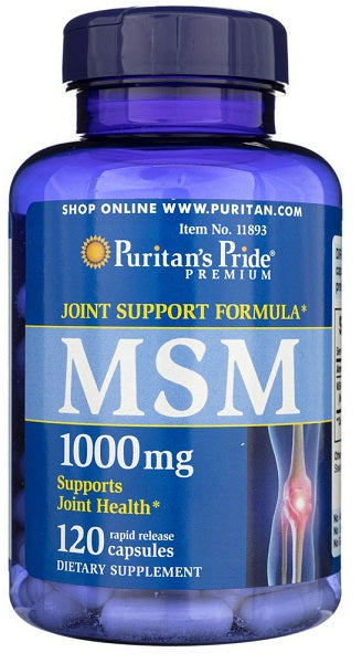 Une bouteille de Puritan's Pride MSM 1000 mg 120 gélules à libération rapide, favorisant la santé du tissu conjonctif et des articulations.