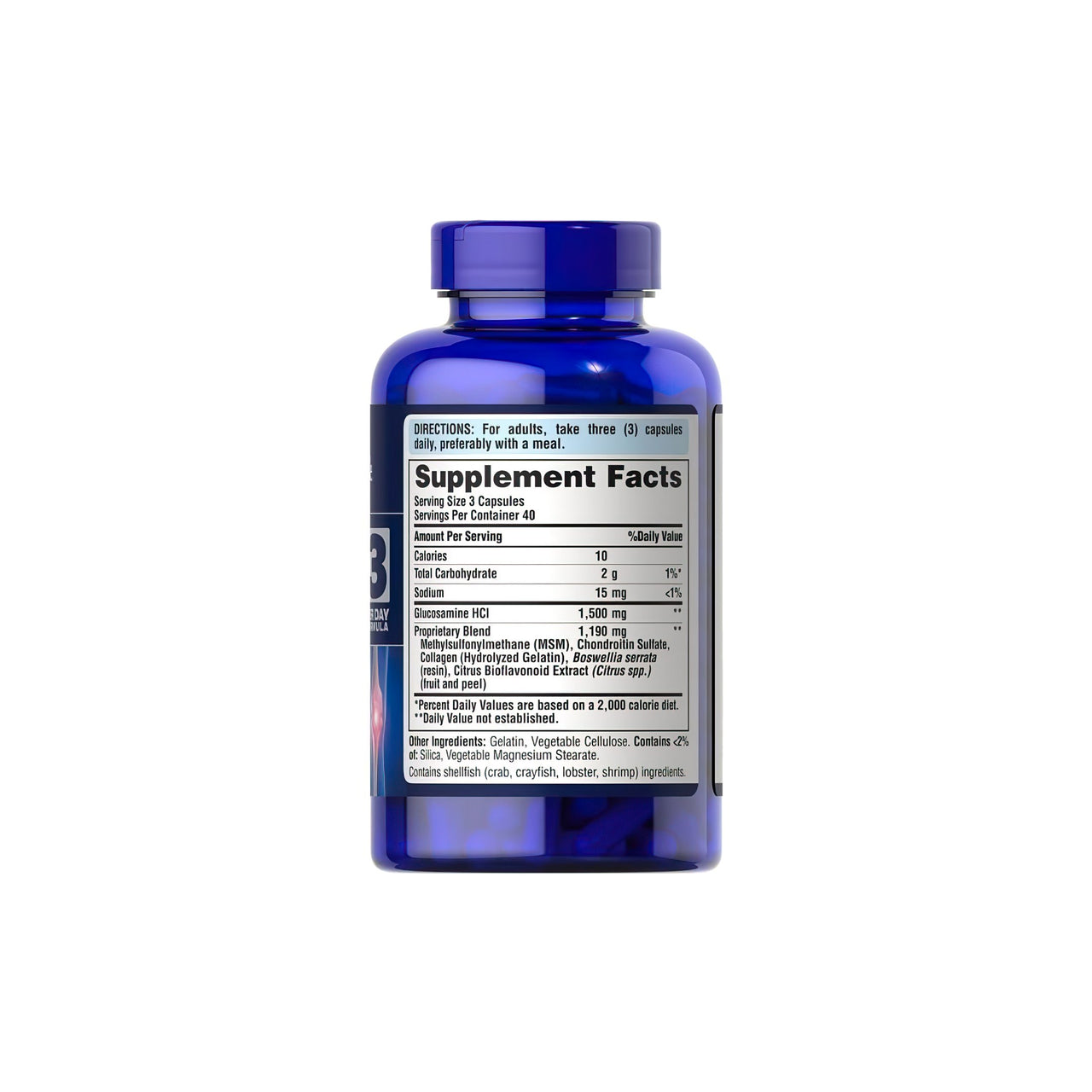 Une bouteille de Puritan's Pride Glucosamine Chondroïtine MSM 120 gélules avec une étiquette.