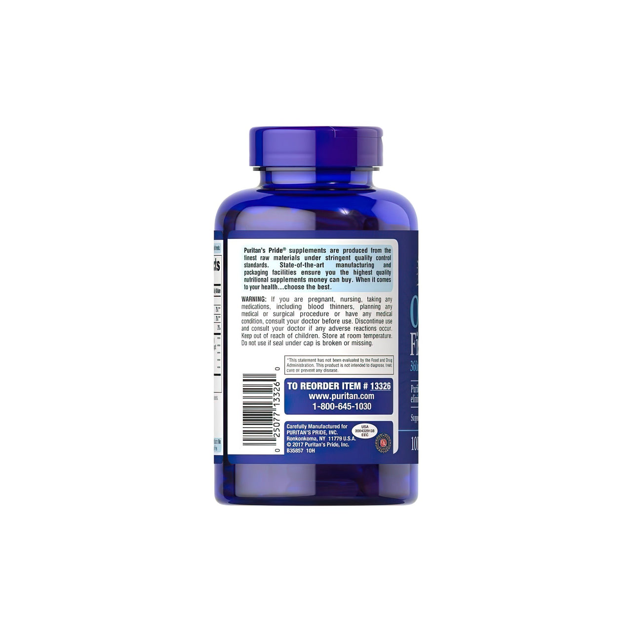 Dos d'une bouteille d'huile de poisson oméga-3 1200 mg (360 mg d'oméga-3 actif) 100 softgels, contenant des informations sur ses bienfaits pour les fonctions cognitives. (Nom de marque : Puritan's Pride)