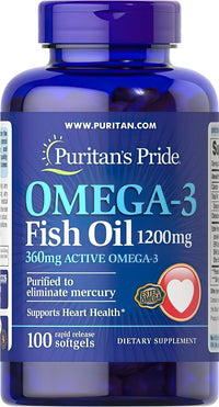 Vignette pour Puritan's Pride Omega-3 Fish Oil 1200 mg (360 mg Active Omega-3) 100 softgel est un supplément de haute qualité qui soutient la santé cardiovasculaire et la fonction cognitive.