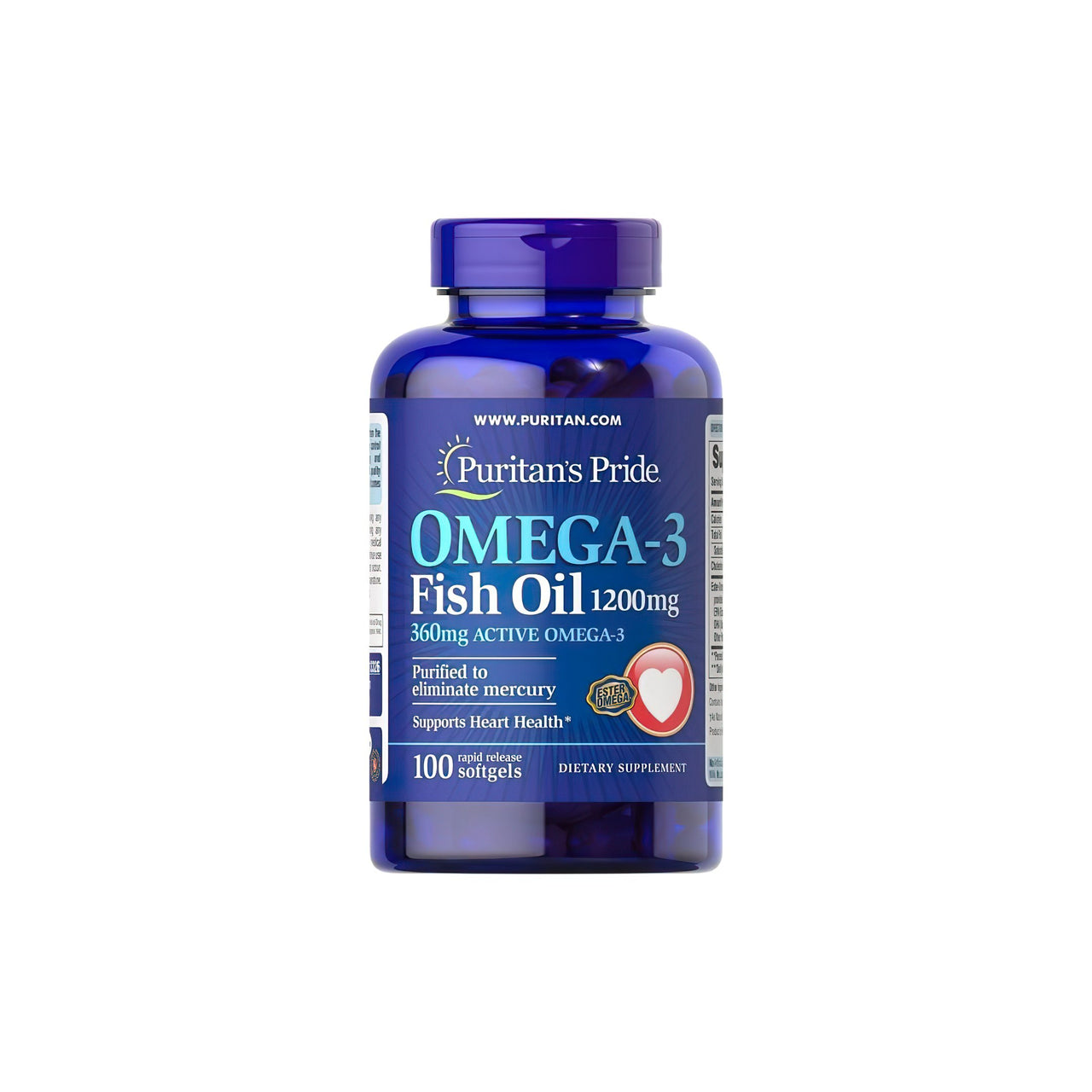 Un supplément d'huile de poisson oméga-3 1200 mg (360 mg d'oméga-3 actif) 100 softgels de Puritan's Pride pour la santé cardiovasculaire et la fonction cognitive.