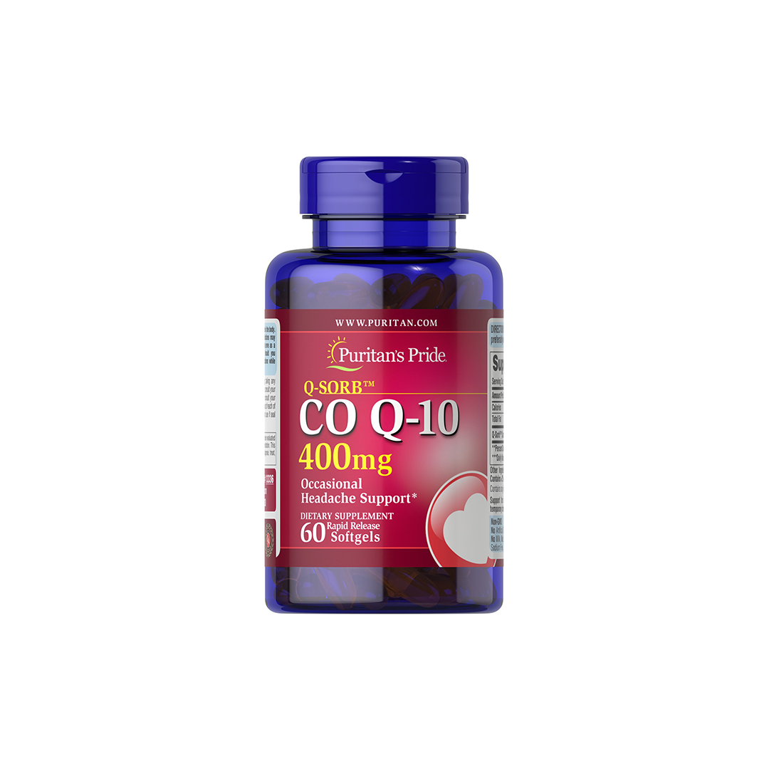 A bottle of Q-SORB™ CO Q10 from Puritan's Pride includes 400 mg and 60 rapid release softgels, which support energy production and promote cardiovascular health.