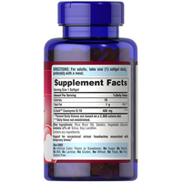 Thumbnail for A bottle of Q-SORB™ CO Q10 400 mg 60 Rapid Release Softgels by Puritan's Pride prominently features Coenzyme Q-10, with a focus on Supplement Facts and usage directions on its label, supporting energy production and promoting cardiovascular health.