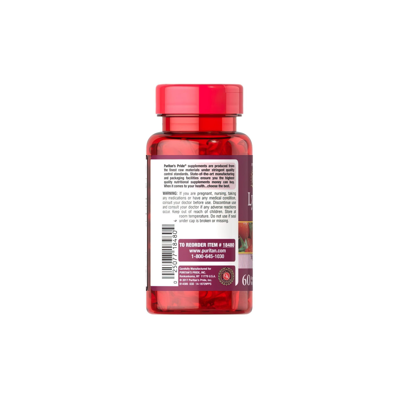 Un flacon de Lycopene 40 mg 60 Rapid Release Softgels par Puritan's Pride sur fond blanc.