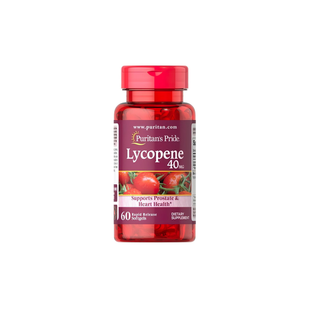 Une bouteille de Puritan's Pride Lycopene 40 mg 60 Rapid Release Softgels avec des tomates.